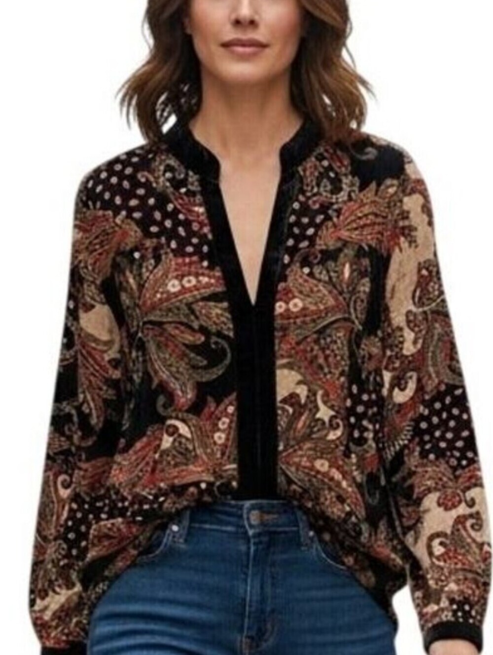 Soft Surroundings Black Velvet Paisley Top with Multicolor Accents